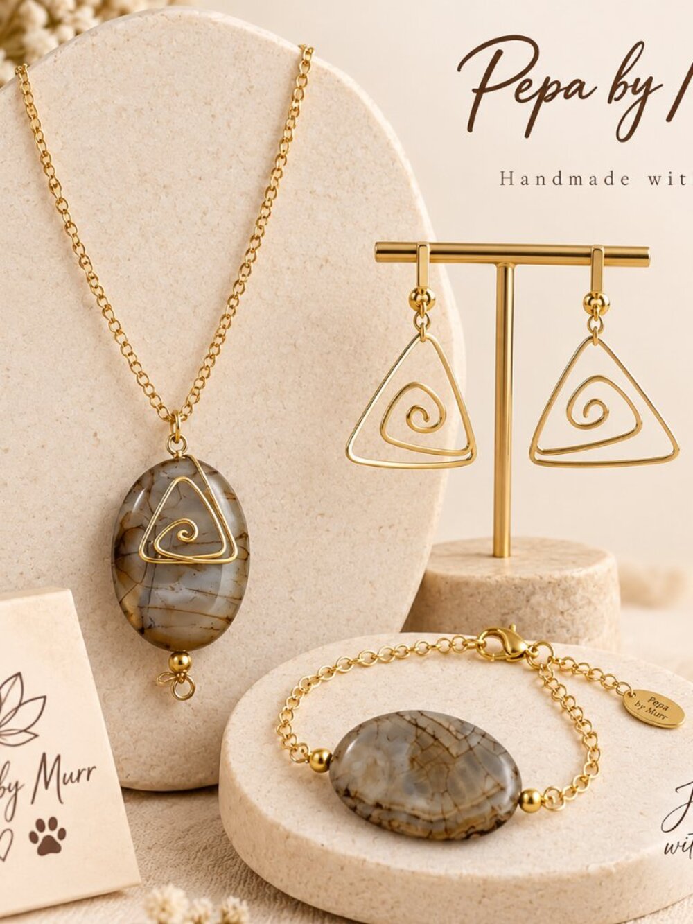 Handmade Natural Stone Jewelry Set | Gold-Tone Necklace Earrings Bracelet